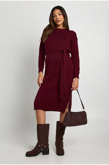 Maternity Crew Neck Jumper Midi Dress - burgundy