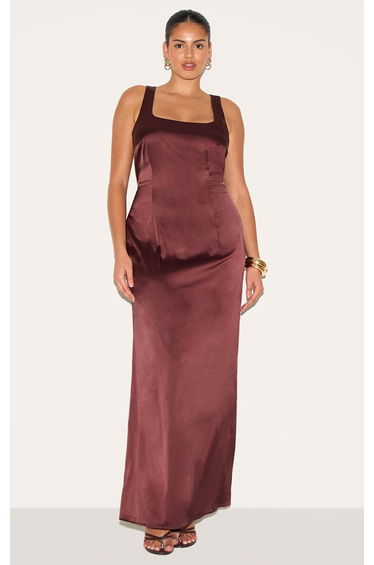 Plus Chocolate Satin Cross Back Midaxi Dress