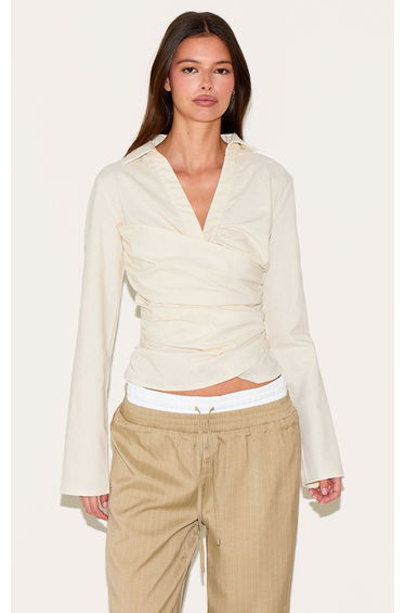 Butter Yellow Linen Blend Fitted Wrap Detail Shirt