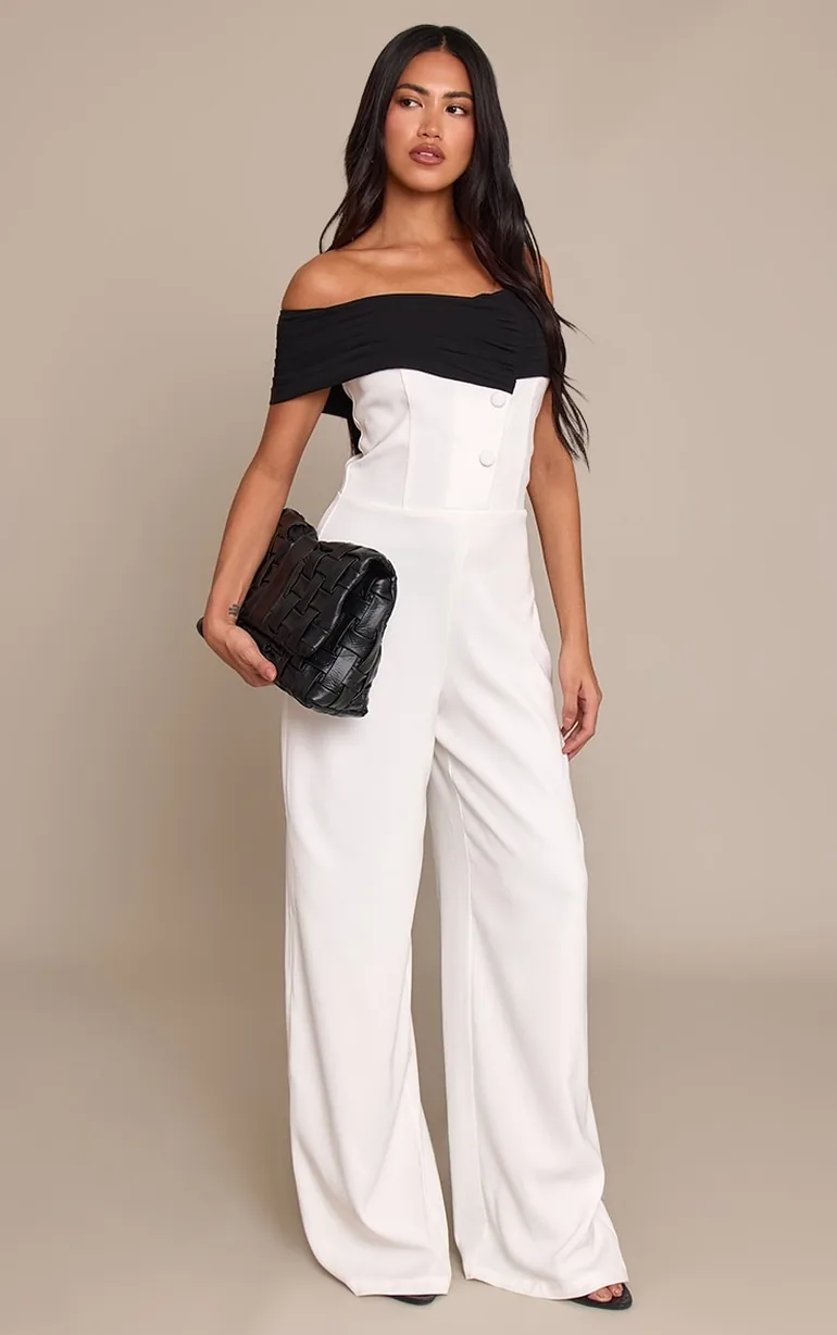 White Woven Contrast Button Detail Straight Leg Jumpsuit - 1