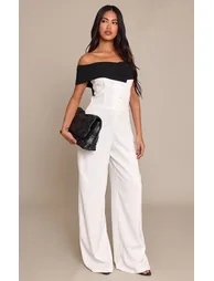 White Woven Contrast Button Detail Straight Leg Jumpsuit - 1