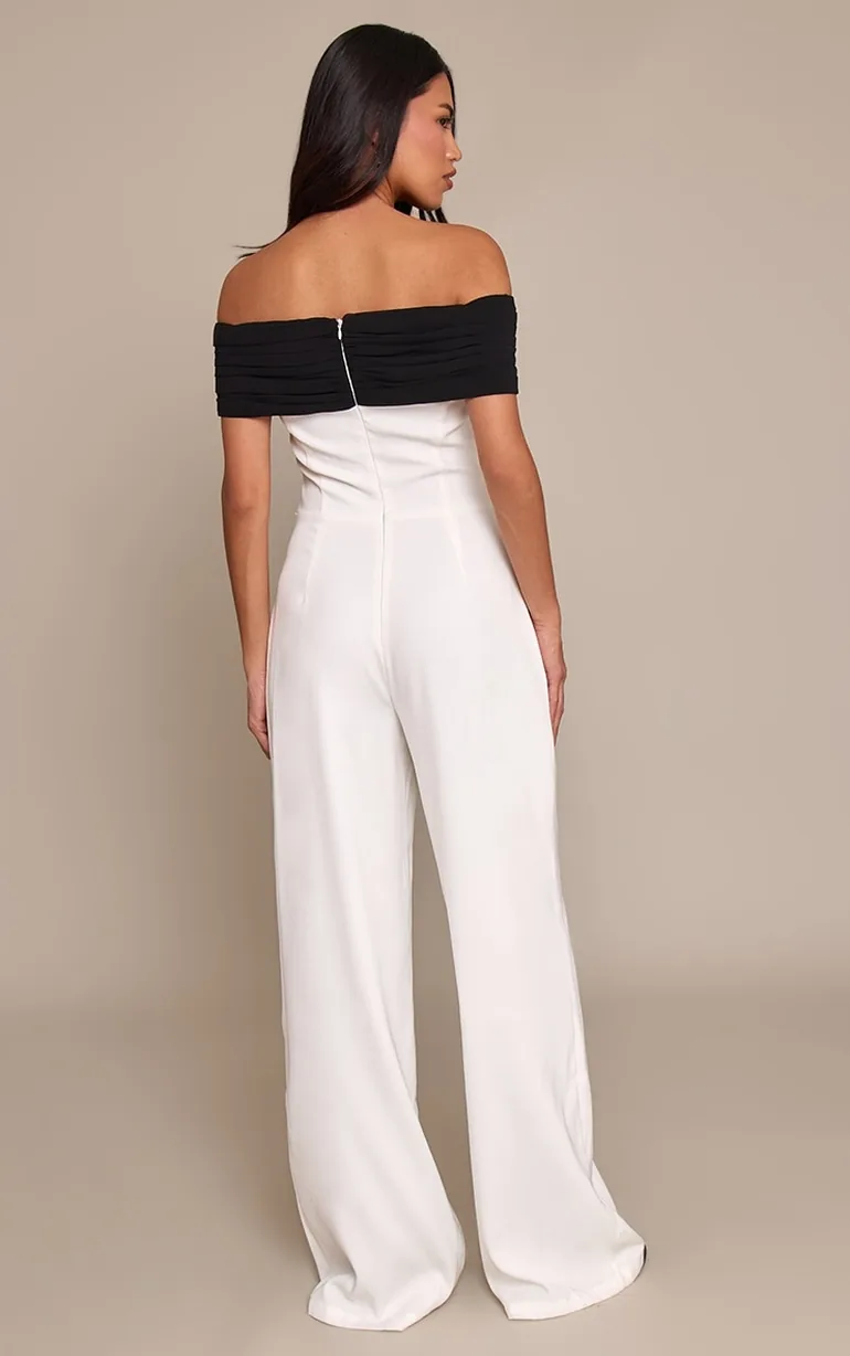 White Woven Contrast Button Detail Straight Leg Jumpsuit - 2