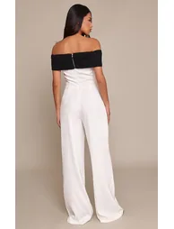 White Woven Contrast Button Detail Straight Leg Jumpsuit - 2