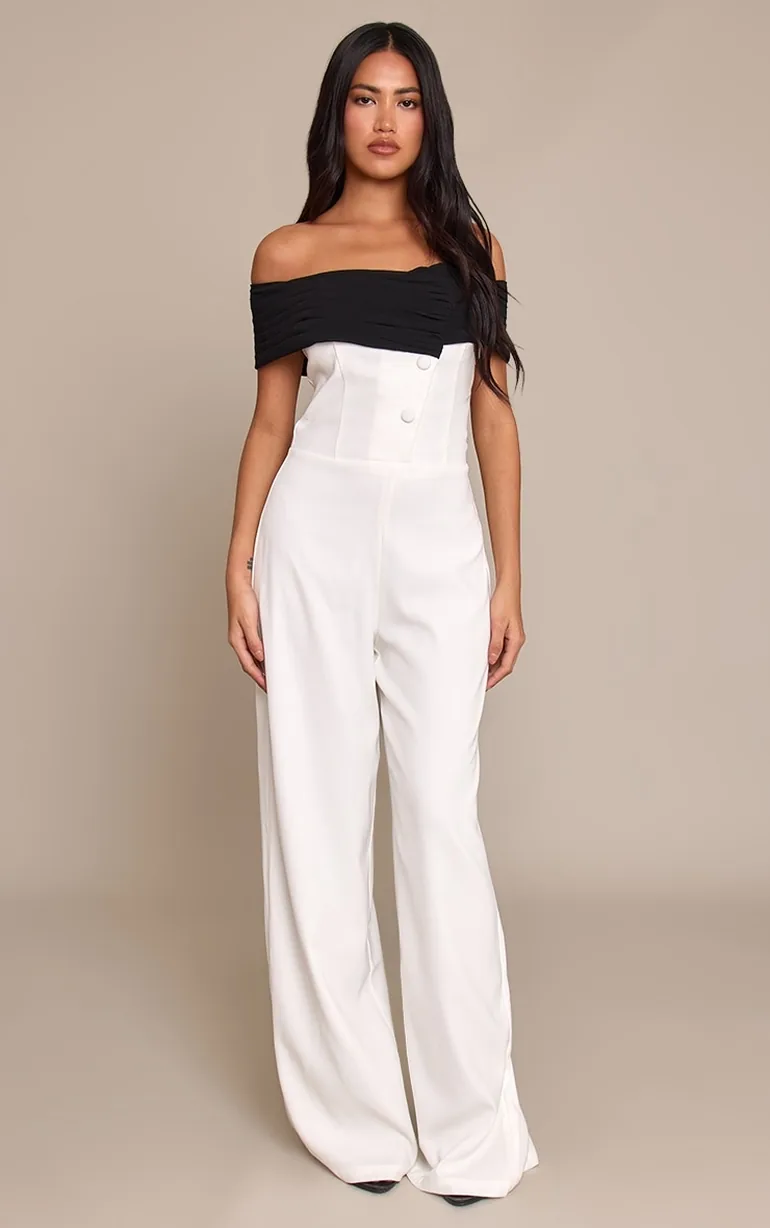 White Woven Contrast Button Detail Straight Leg Jumpsuit