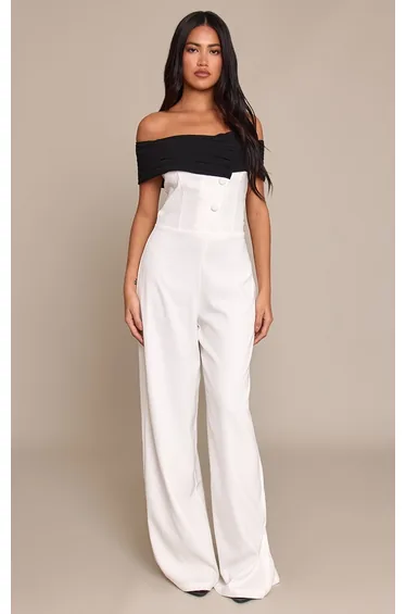 White Woven Contrast Button Detail Straight Leg Jumpsuit
