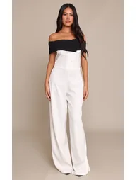 White Woven Contrast Button Detail Straight Leg Jumpsuit