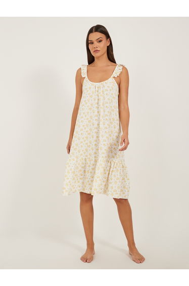 COTTON GAUZE DITSY FLORAL PRINT RUFFLE SLEEVE and HEM SLIPDRESS - KNEE