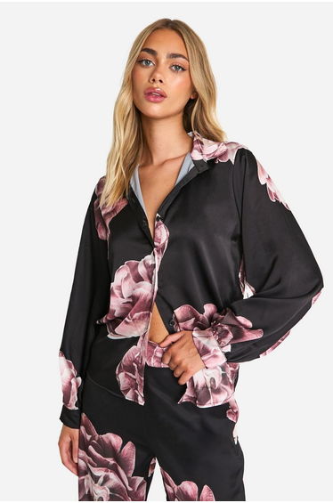 Large Scale Floral Relaxed Fit Shirt - black