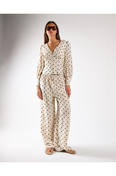 Natural Black Spot V-Neck Button-Up Top