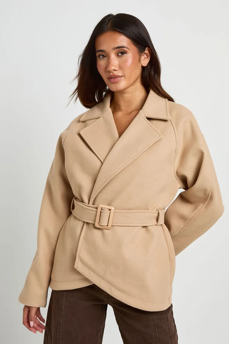Belted Wool Look Coat - stone