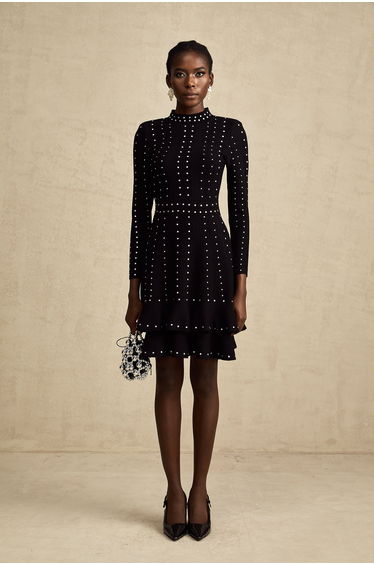 Fabienne black embellished ruffled knitted mini dress