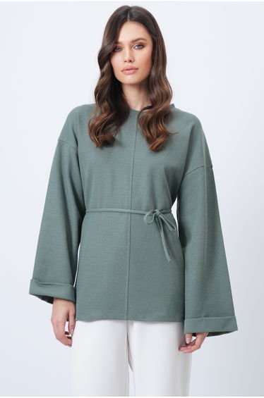 Women's Khaki Crew Neck Double Cuffed Tie Detail Blouse