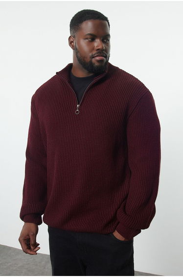 Claret Red FL Regular Half Turtleneck Plain Knitwear Plus Size Sweater