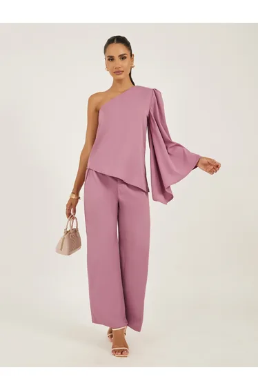 Pink One Shoulder Top and Flared Trousers Co-Ords