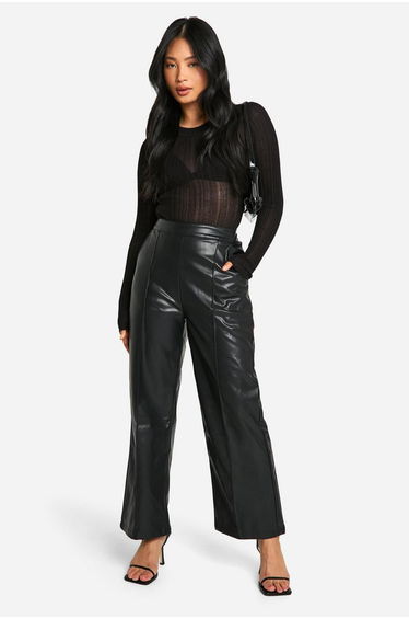 Petite Straight Leg Faux Leather Trouser - black