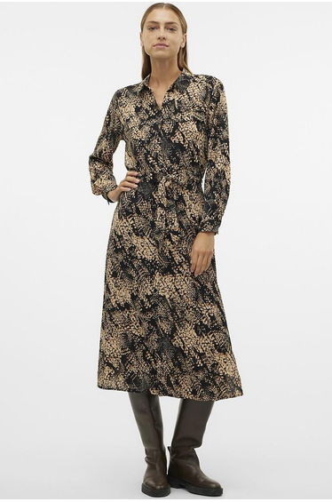 Printed Midi Dress with Tie-Waist