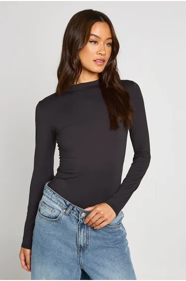 Tall Second Skin Crew Neck Long Sleeve Bodysuit - black