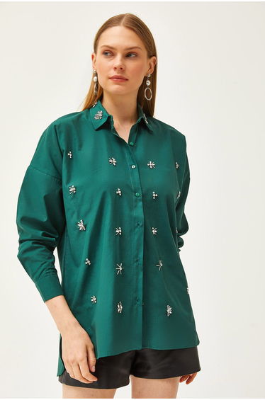 Women's Emerald Green Collar and Jewelled Front Six Oval Woven Shirt
