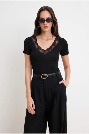 Black Regular/Normal Fit V-Neck Short Sleeve Lace Detailed Soft Knitted Blouse