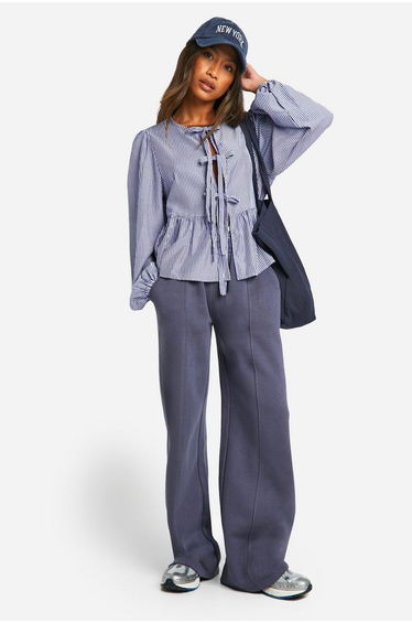 Navy Pinstripe Tie Front Puff Long Sleeve Smock Top - navy