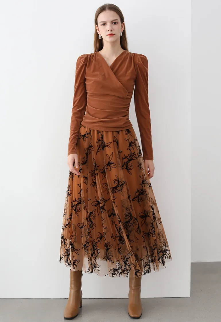 Ruched Faux Wrap Puff Shoulder Velvet Top in Pumpkin - 1