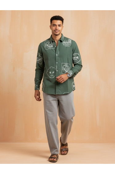 Men Green Printed Regular Fit Cotton Shirt