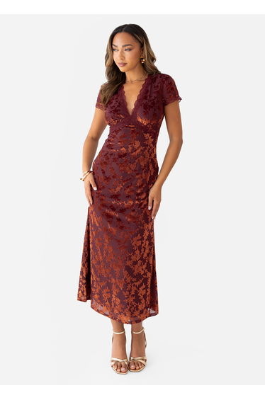 Maya Copper Rose Floral Velvet Devore V Neck Midaxi Dress