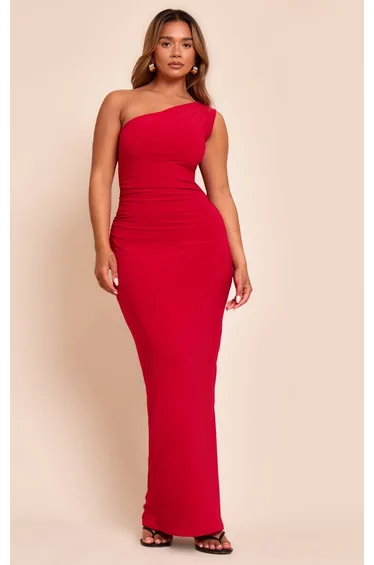 Shape Red One Shoulder Ruched Side Maxi Dress