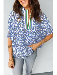 Lvness Sky Blue Leopard Color Block Contrast Striped V Neck Half Sleeve Loose Fit Blouse - 1