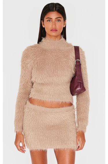 Mocha Fluffy Knit High Neck Top