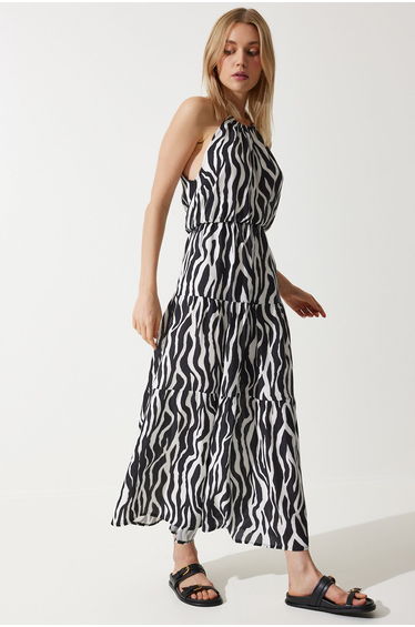 Women's Black and White Halter Collar Summer Viscose Dress
