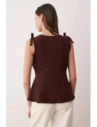 Brown Zero Sleeve Peplum Waist-Sit Knitted Blouse with Shoulder Bow Detail - 3
