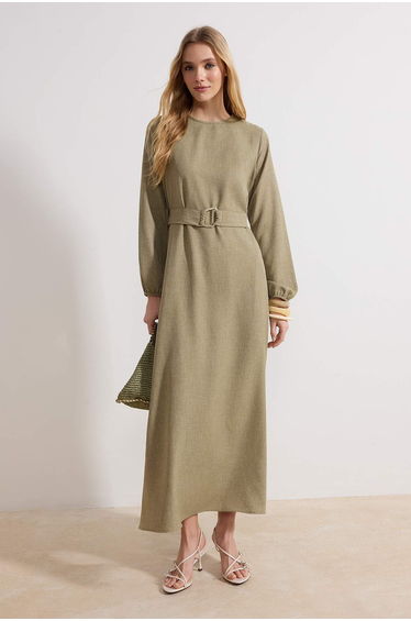 Khaki Belted Woven Dress