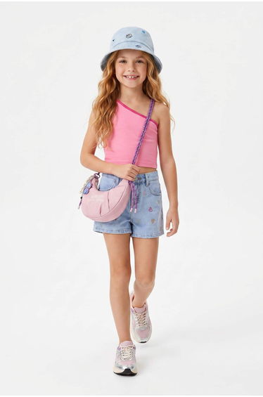 Blue Girl's Heart Embroidered Denim Shorts & Bermuda