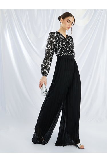 Floral Print Pleated Wide Leg Jumpsuit