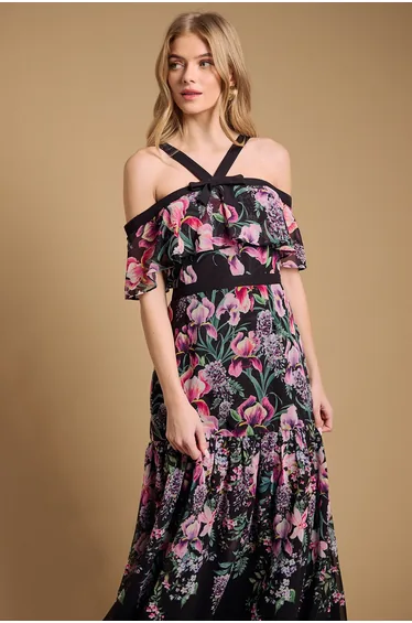 فستان اويسيس أسود ماكسي على شكل حرف A بياقة هالتر بطبعة أزهار