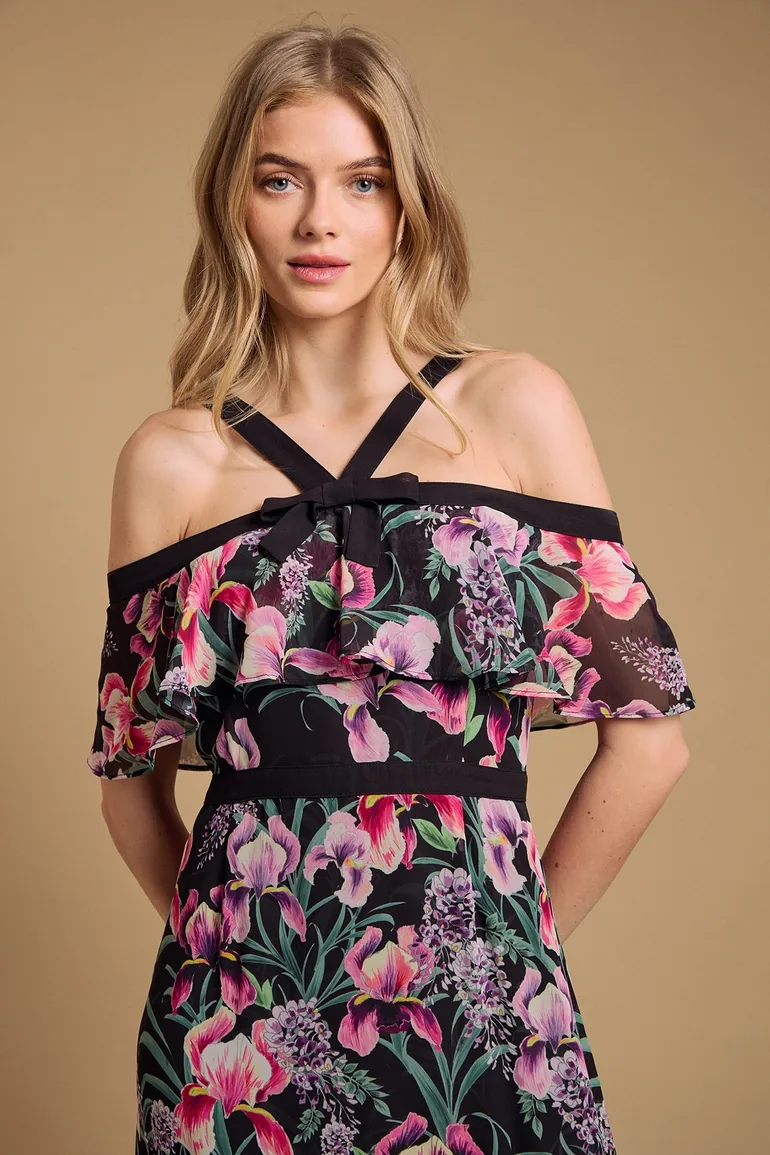 Bow Detail Halter Neck Bardot Dress Oasis Multicolour : Day Dresses :  VogaCloset Jordan