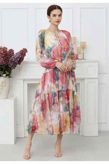 Floral Drift Button Down Ruffle Chiffon Maxi Dress