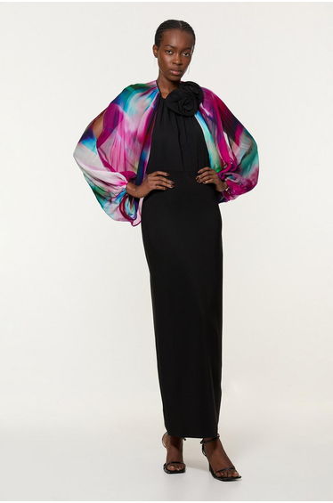 Printed Viscose Cady Cold Shoulder Maxi Dress With Viscose Georgette Cowl Back
