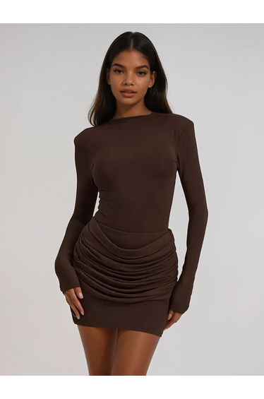 Lyubov Long Sleeve Ruched Dress In Brown