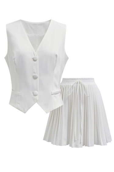 Button Down Vest and Pleated Mini Skirt Set in White