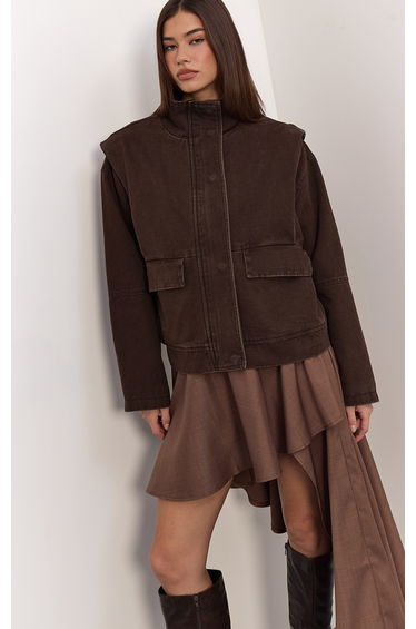 Chocolate Funnel Neck Pocket Detail Denim Jacket