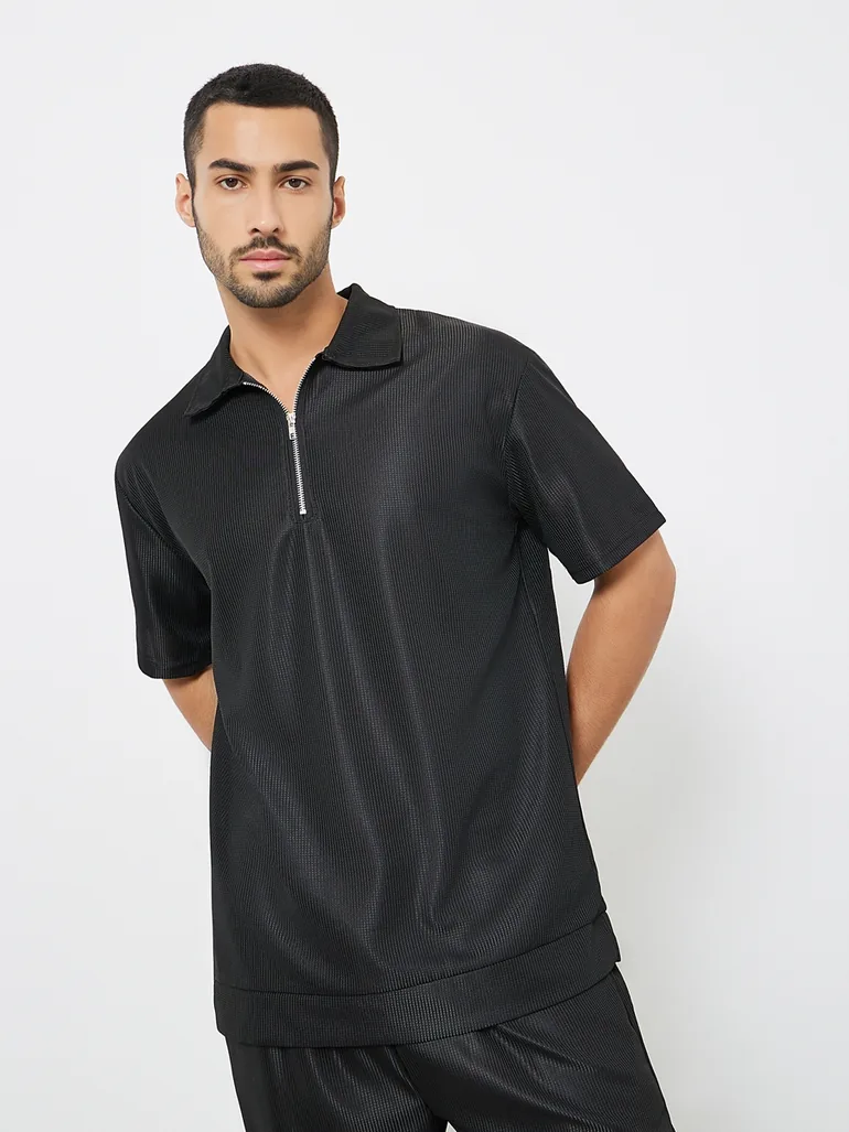Men Black Oversized Solid Polo and Shorts Co-Ords - 1
