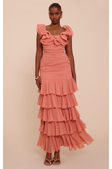 Blush Chiffon Ruched Ruffle Maxi Dress