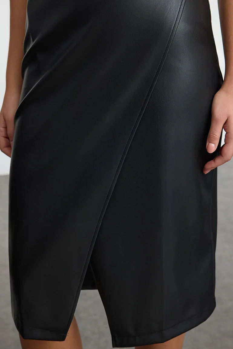 Black Wrap Closure Bodycone/Fits on Body Midi Knit Dress - 3