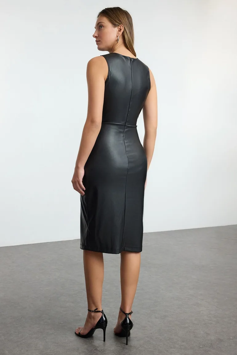 Black Wrap Closure Bodycone/Fits on Body Midi Knit Dress - 4