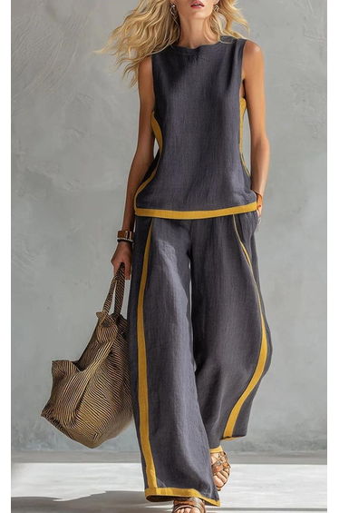 Contrast Color High Waisted Pants + Round-Neck Sleeveless Top Two Pieces Set