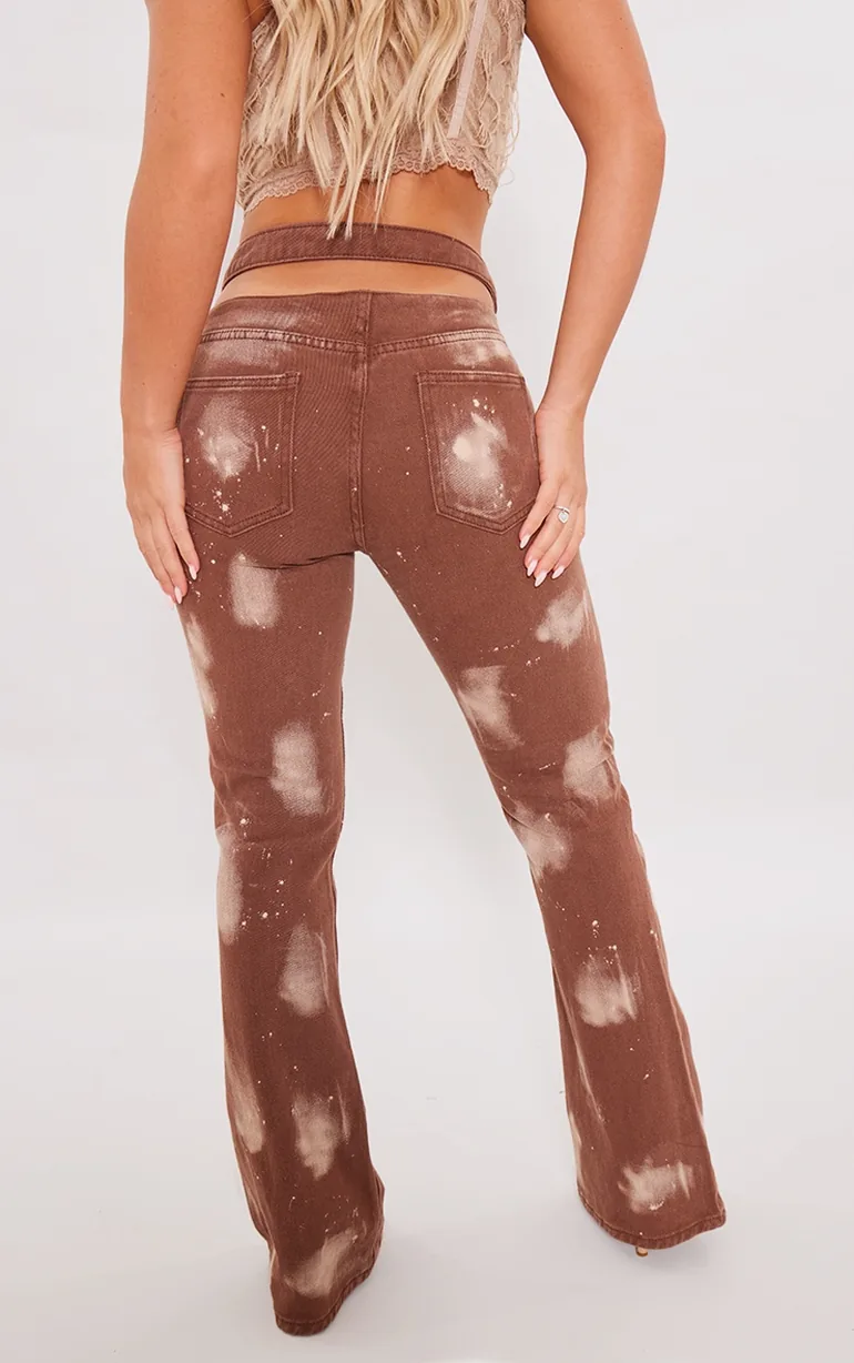 Brown Splatter Cut Out Waistband Flared Jeans - 2