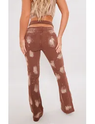 Brown Splatter Cut Out Waistband Flared Jeans - 2
