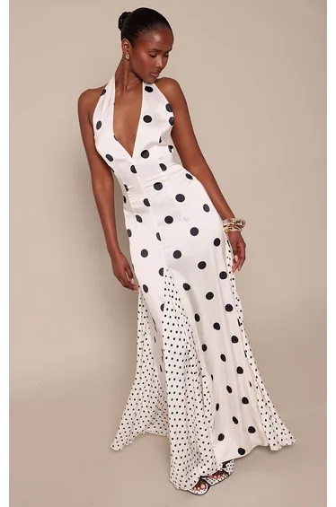 White Contrast Polka Dot Halterneck Maxi Dress